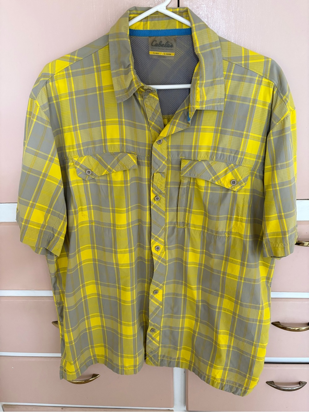 Cabela's Yellow and Gray Plaid Short-Sleeve Button-Down